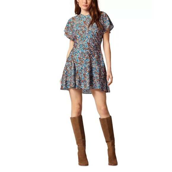 Joie Hunter Mini Dress Women's 10 Fjord Blue Multi Print Silk Blend Fit & Flare - Picture 1 of 4